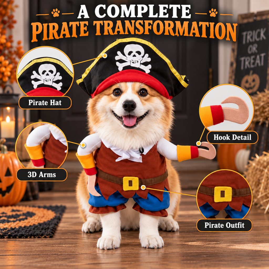 Funny Pirate Dog Costume with Hat & Hook Arms - Complete Halloween Party & Photo Outfit for an Instant 3D Pirate Look