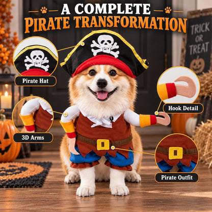 Funny Pirate Dog Costume with Hat & Hook Arms - Complete Halloween Party & Photo Outfit for an Instant 3D Pirate Look