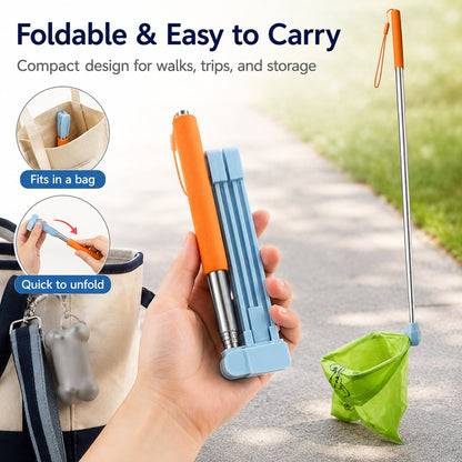 Foldable Dog Poop Catcher for Walks - No-Bend Waste Pickup Tool with Telescopic Handle
