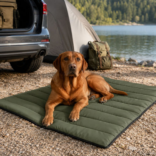 Portable Roll-Up Dog Travel Mat for Camping & Car Trips - Keeps Pets Off Damp, Dirty Ground