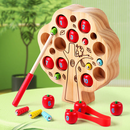 Montessori Wooden Apple Tree Counting & Magnetic Worm Catching Toy