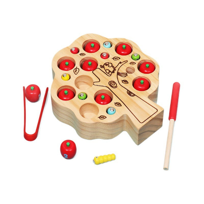 Montessori Wooden Apple Tree Counting & Magnetic Worm Catching Toy