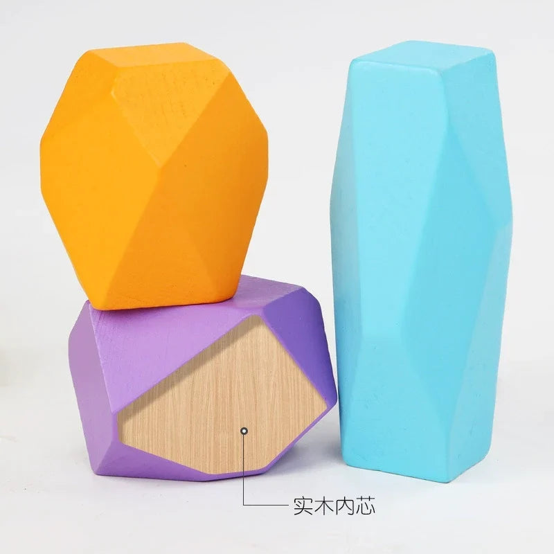 Wooden balancing stone blocks showing the solid wooden core