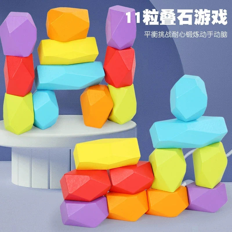 Eleven-piece colourful wooden balancing stone game set