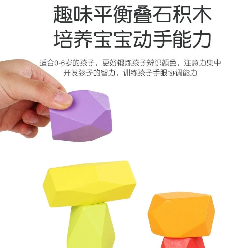 Wooden balancing stone held by hand with stacking example