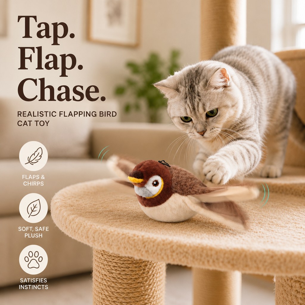 Rechargeable Interactive Cat Toy - Flapping Bird, Plush Animal & Motion Activated Toys for Indoor Cats