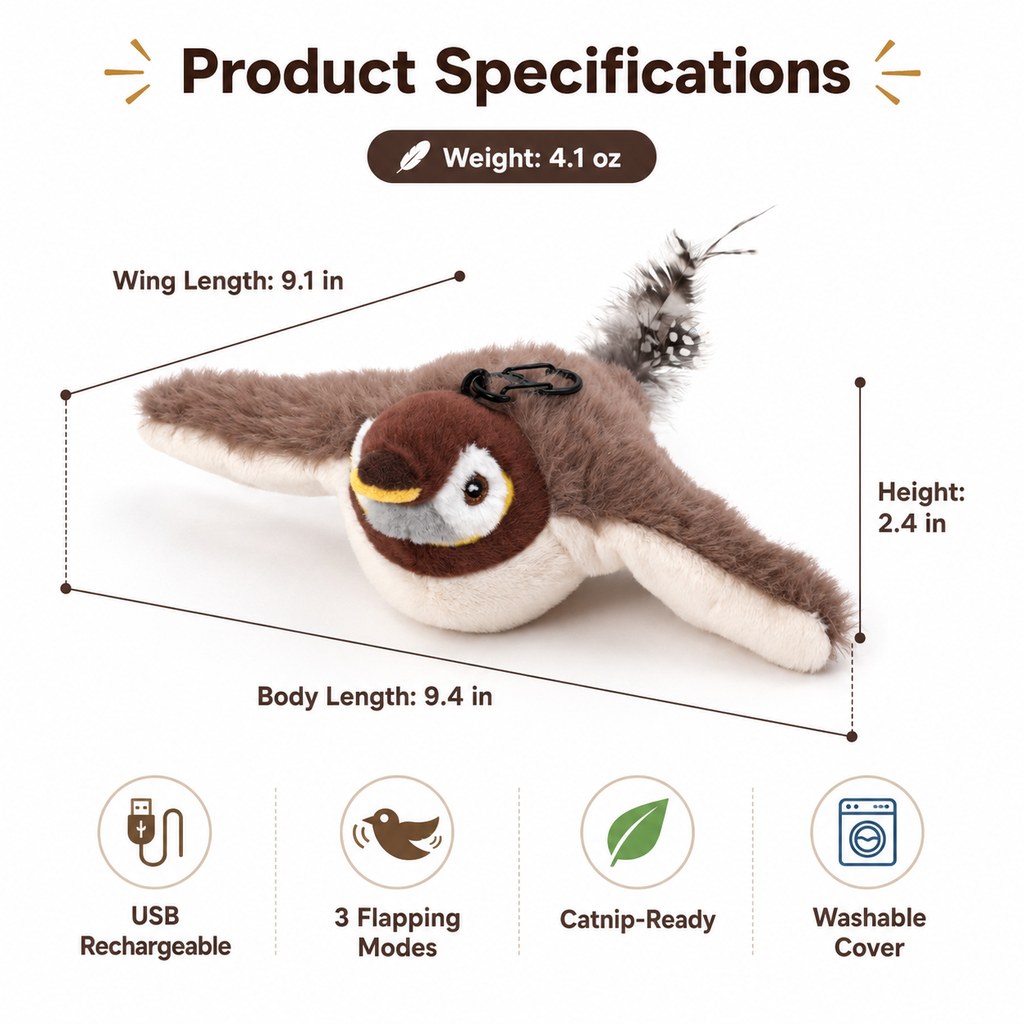 Rechargeable Interactive Cat Toy - Flapping Bird, Plush Animal & Motion Activated Toys for Indoor Cats