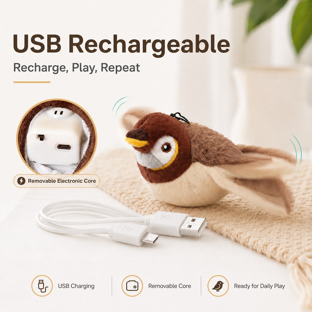 Rechargeable Interactive Cat Toy - Flapping Bird, Plush Animal & Motion Activated Toys for Indoor Cats