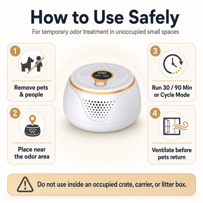 Rechargeable Ozone Pet Odor Deodorizer for Litter Box & Empty Crate Areas – USB-C Odor Treatment Device for Unoccupied Small Spaces