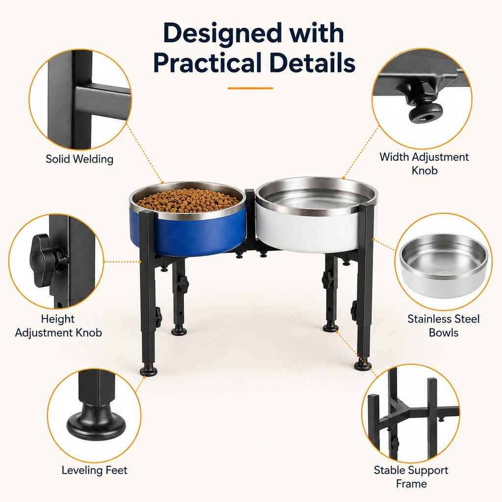 Adjustable Raised Dog Bowl Stand for Home Feeding - No-Bend Metal Pet Bowl Holder for Cleaner, More Comfortable Meals