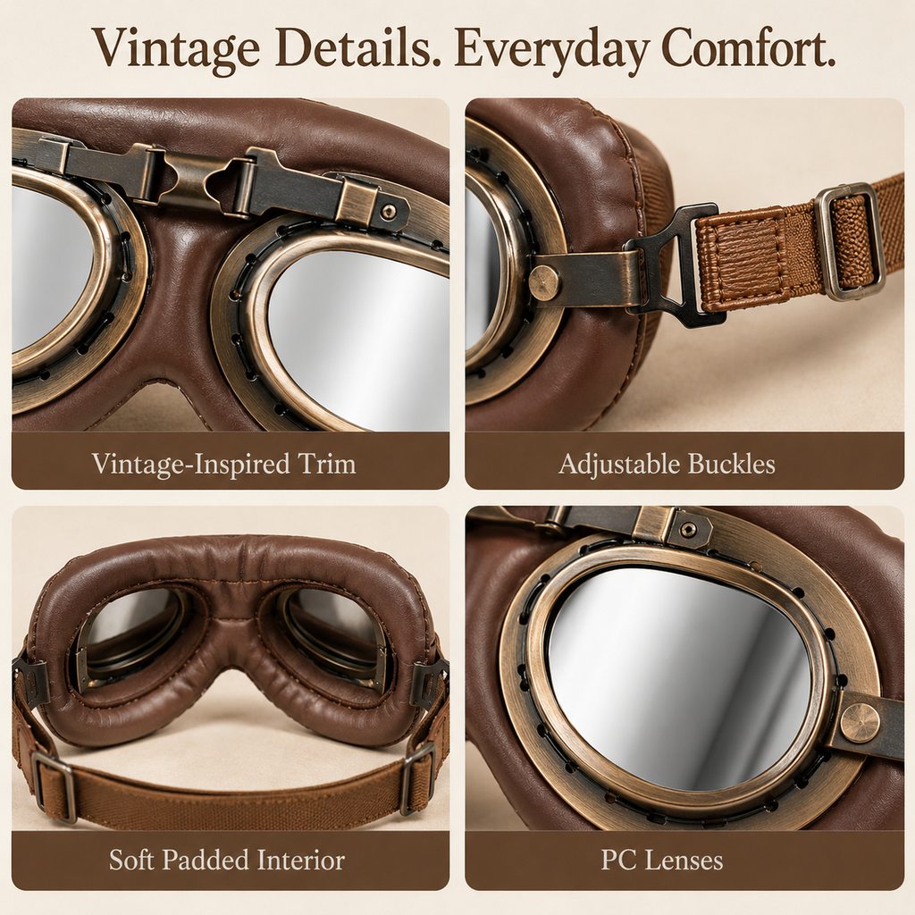 Retro Aviator Dog Goggles for Hiking & Road Trips - Adjustable Padded Eyewear That Helps Reduce Wind & Dust Exposure