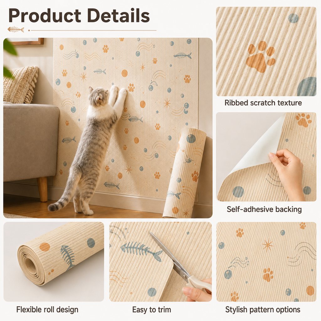 Self-Adhesive Cat Scratch Mat for Wall & Furniture Protection – Cuttable Cat Scratching Pad for Sofa, Door, Bedside & Home Surfaces