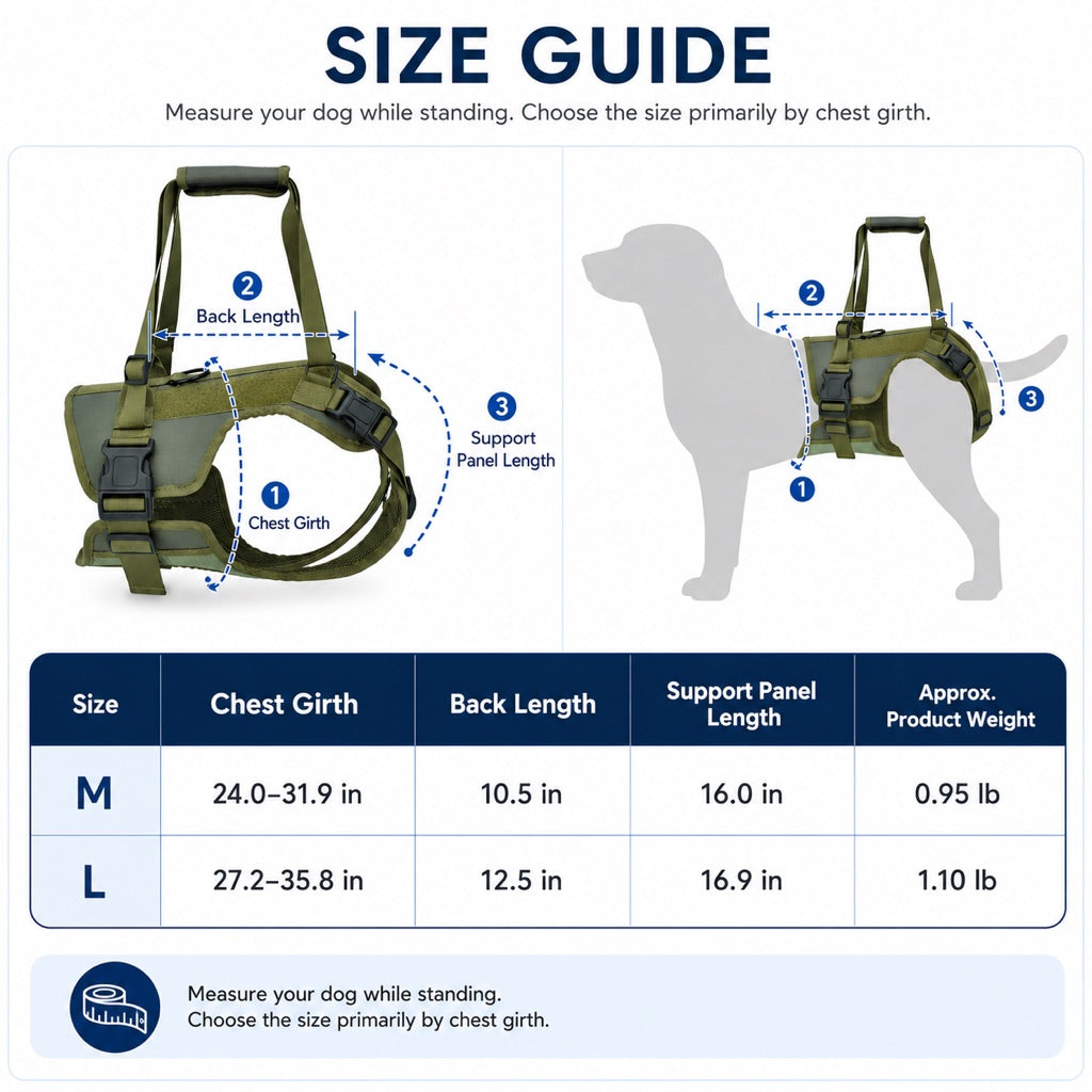 Rear Support Dog Lift Harness for Stairs, Walks & Recovery - Padded Assist Harness for Senior, Injured & Weak-Hind-Leg Dogs
