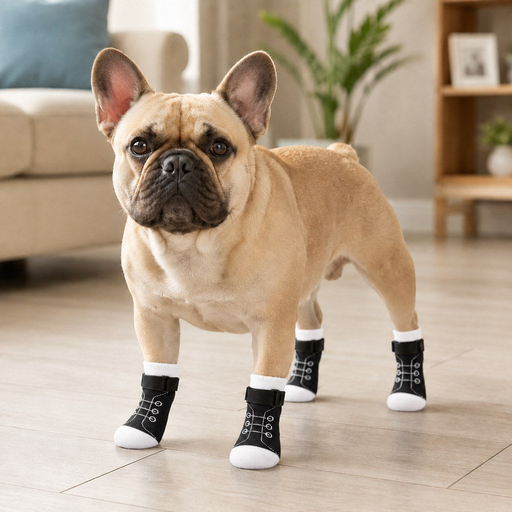 French Bulldog Non-Slip Socks for Tile & Hardwood Floors - Helps Reduce Back-Leg Slipping, 4-Pack