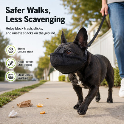 French Bulldog Breathable Mesh Muzzle for Walks, Grooming & Scavenging Control - Drink-Friendly Short-Snout Dog Muzzle