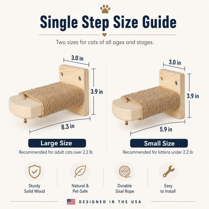 Wall-Mounted Solid Wood Cat Steps for Shelves & Perches - Space-Saving Jute Climbing Ladder