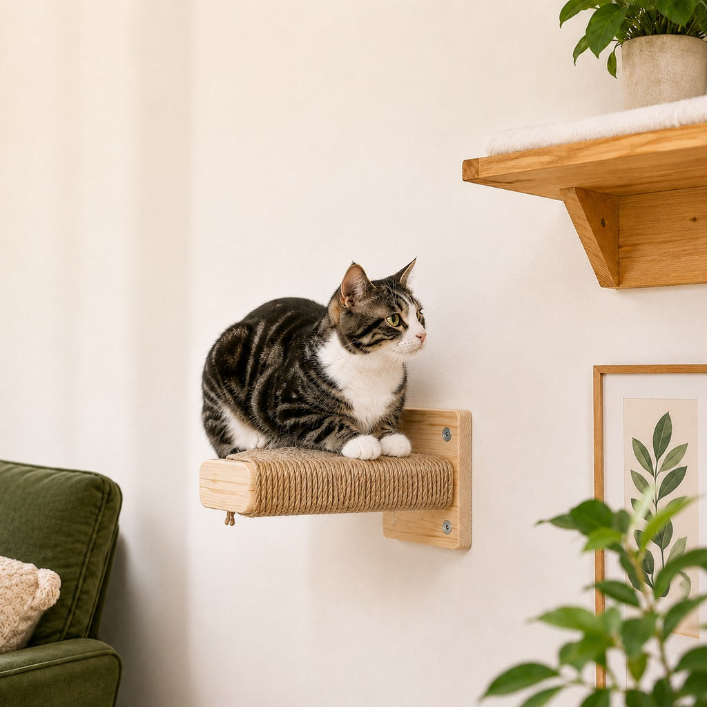 Wall-Mounted Solid Wood Cat Steps for Shelves & Perches - Space-Saving Jute Climbing Ladder