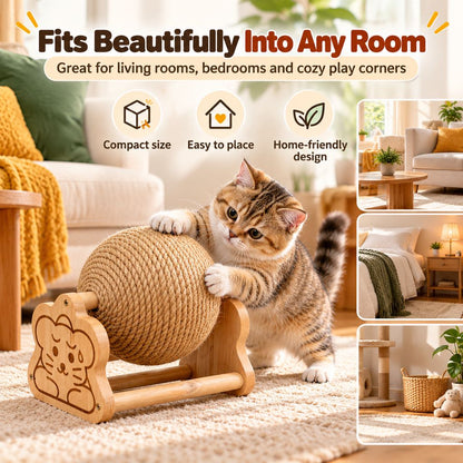 Sisal Cat Scratching Ball with Wooden Stand for Indoor Cats – Helps Redirect Furniture Scratching