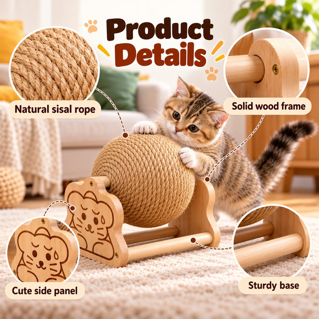 Sisal Cat Scratching Ball with Wooden Stand for Indoor Cats – Helps Redirect Furniture Scratching