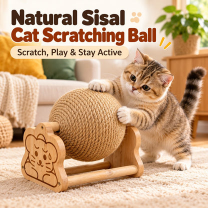 Sisal Cat Scratching Ball with Wooden Stand for Indoor Cats – Helps Redirect Furniture Scratching