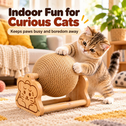 Sisal Cat Scratching Ball with Wooden Stand for Indoor Cats – Helps Redirect Furniture Scratching