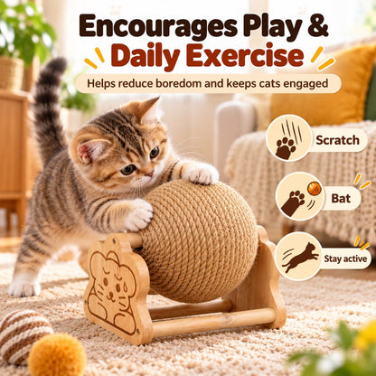 Sisal Cat Scratching Ball with Wooden Stand for Indoor Cats – Helps Redirect Furniture Scratching