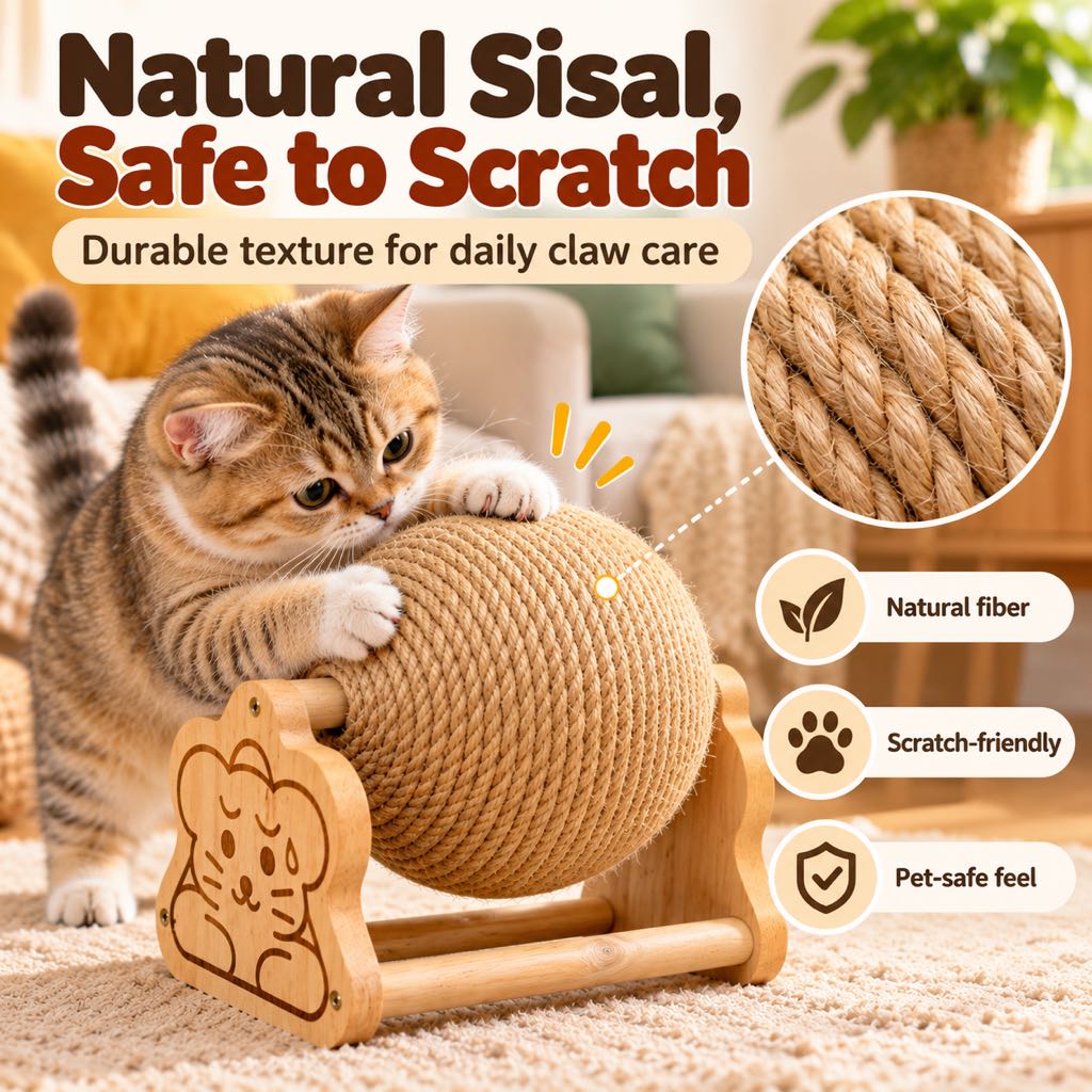 Sisal Cat Scratching Ball with Wooden Stand for Indoor Cats – Helps Redirect Furniture Scratching