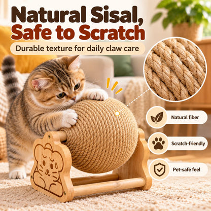 Sisal Cat Scratching Ball with Wooden Stand for Indoor Cats – Helps Redirect Furniture Scratching