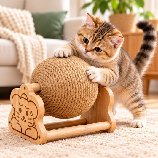 Sisal Cat Scratching Ball with Wooden Stand for Indoor Cats – Helps Redirect Furniture Scratching