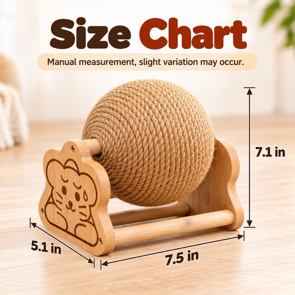 Sisal Cat Scratching Ball with Wooden Stand for Indoor Cats – Helps Redirect Furniture Scratching