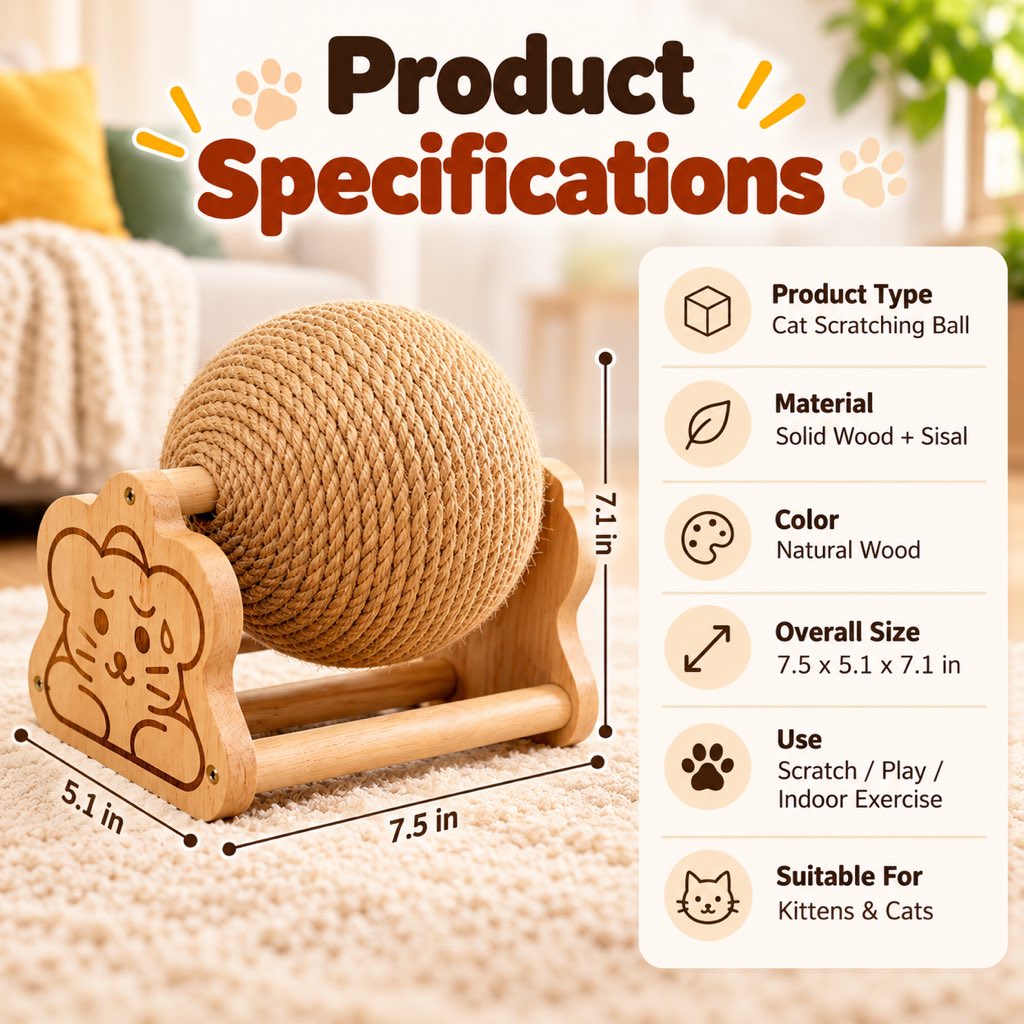 Sisal Cat Scratching Ball with Wooden Stand for Indoor Cats – Helps Redirect Furniture Scratching