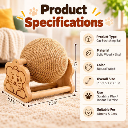 Sisal Cat Scratching Ball with Wooden Stand for Indoor Cats – Helps Redirect Furniture Scratching