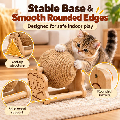 Sisal Cat Scratching Ball with Wooden Stand for Indoor Cats – Helps Redirect Furniture Scratching