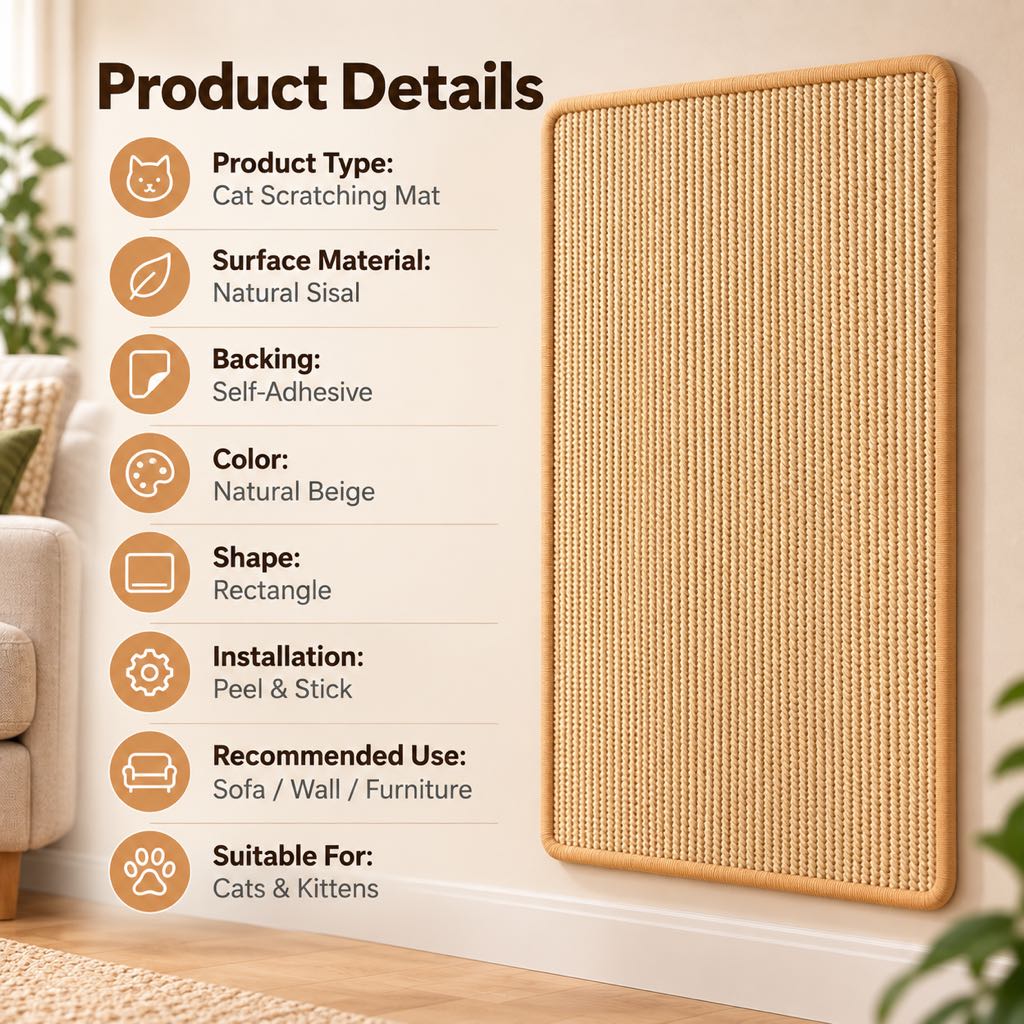 Self-Adhesive Sisal Cat Scratching Mat for Sofas & Walls - Helps Protect Furniture from Scratches