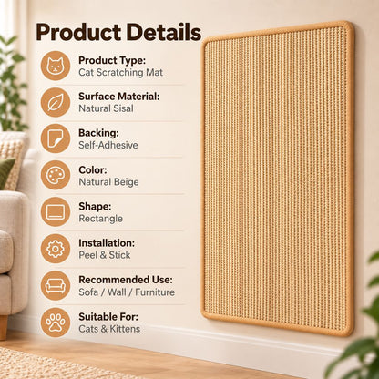 Self-Adhesive Sisal Cat Scratching Mat for Sofas & Walls - Helps Protect Furniture from Scratches