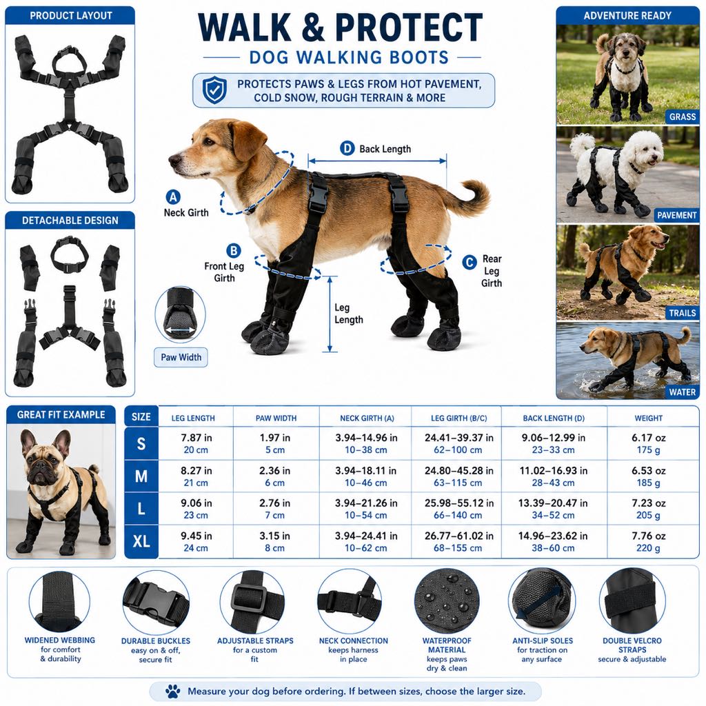 Stay-On Waterproof Dog Walking Boots for Rain, Mud & Hot Pavement - Anti-Slip Paw Protection Suit