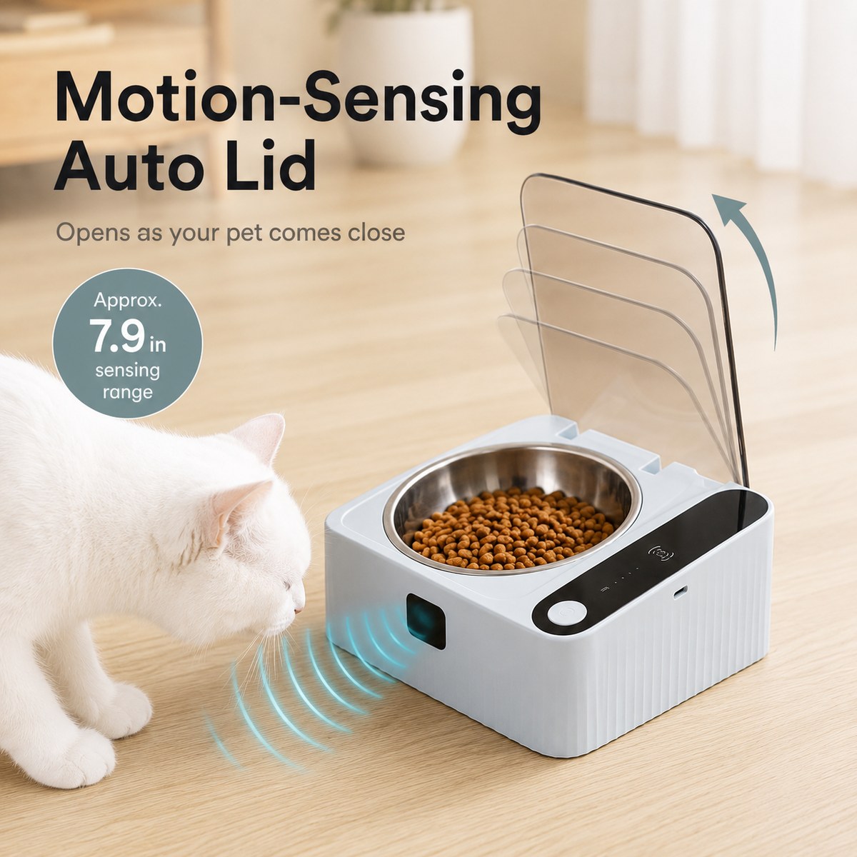 Smart Motion Sensor Covered Cat Bowl for Cleaner Indoor Feeding - Auto Open Lid Helps Keep Food Covered from Dust, Hair & Flies