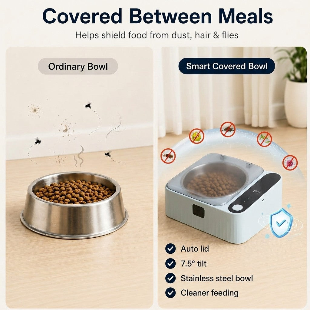 Smart Motion Sensor Covered Cat Bowl for Cleaner Indoor Feeding - Auto Open Lid Helps Keep Food Covered from Dust, Hair & Flies