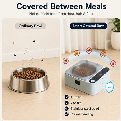 Smart Motion Sensor Covered Cat Bowl for Cleaner Indoor Feeding - Auto Open Lid Helps Keep Food Covered from Dust, Hair & Flies