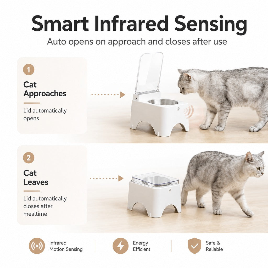 Smart Auto-Opening Covered Cat Bowl for Cleaner Indoor Feeding - Rechargeable Dustproof Cat Feeder