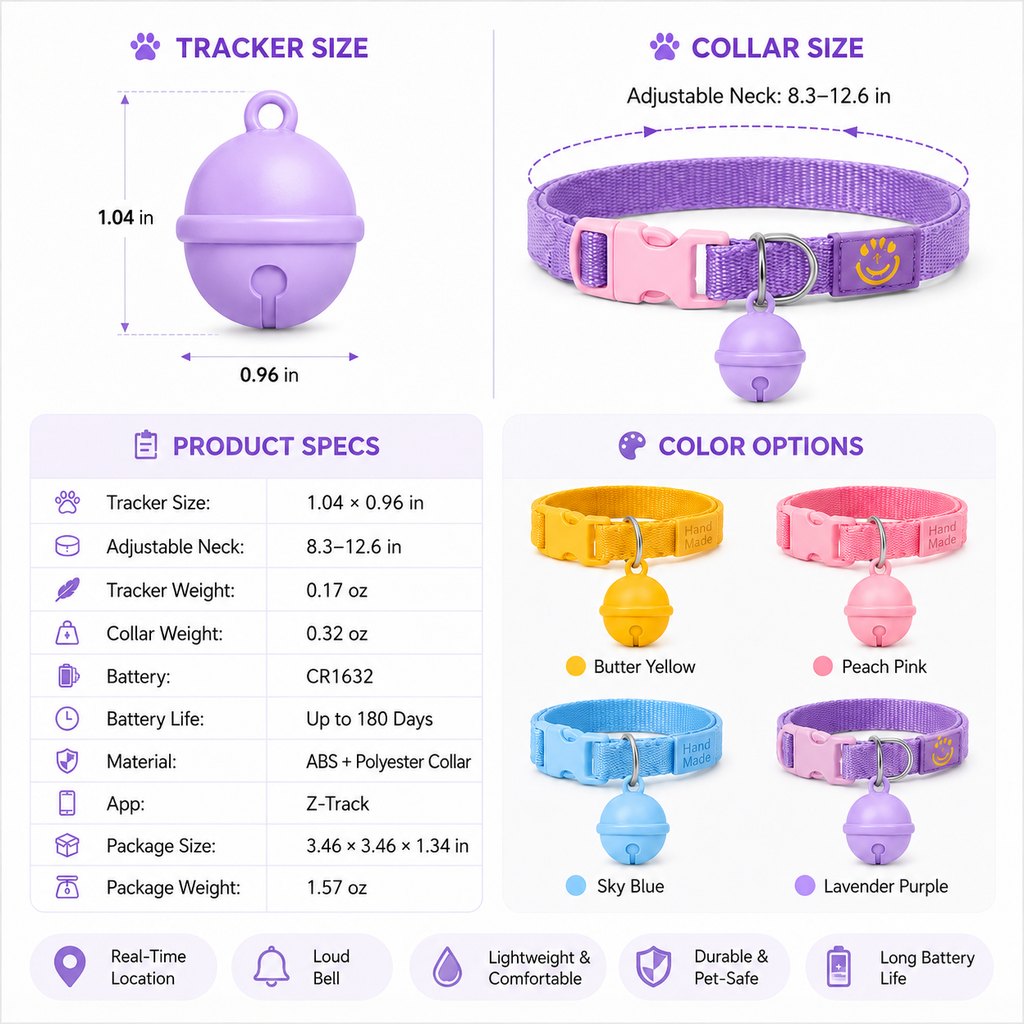 Smart Pet Tracker Bell Collar for Cats & Small Dogs - Find Hiding Pets Faster at Home, in the Yard & on Daily Walks