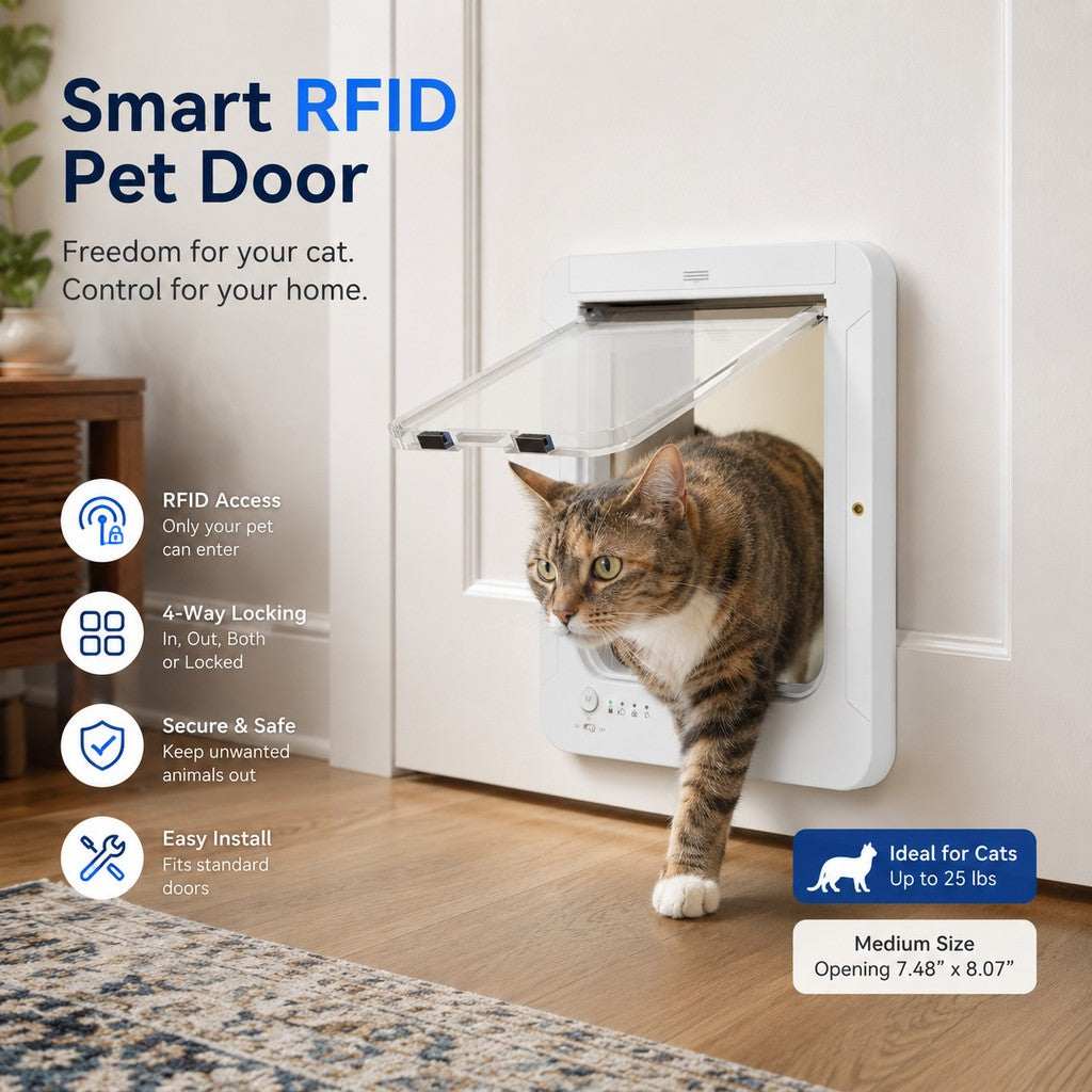 Smart RFID Cat Door for Litter Rooms & Pet-Only Spaces - Selective Access Pet Door to Help Keep Unwanted Animals Out