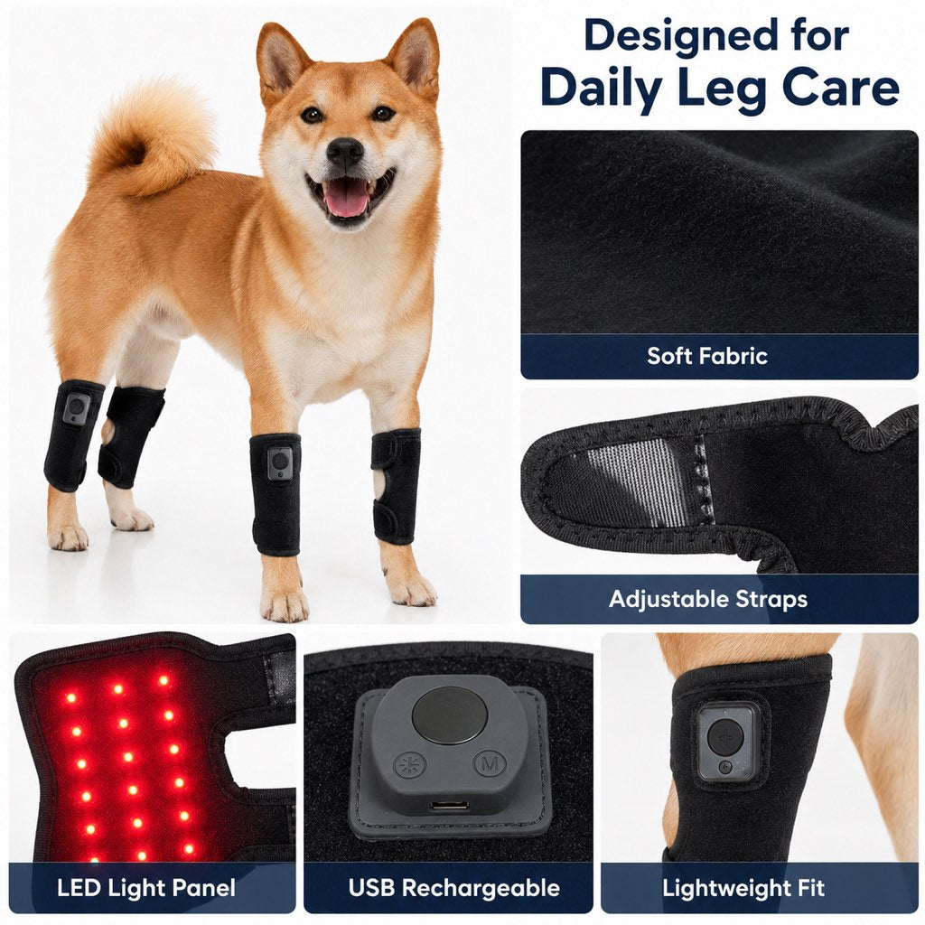 Rechargeable Red Light Therapy Dog Knee Wrap for Senior Dogs - At-Home Leg Comfort Support for Post-Walk Stiffness & Mobility Care