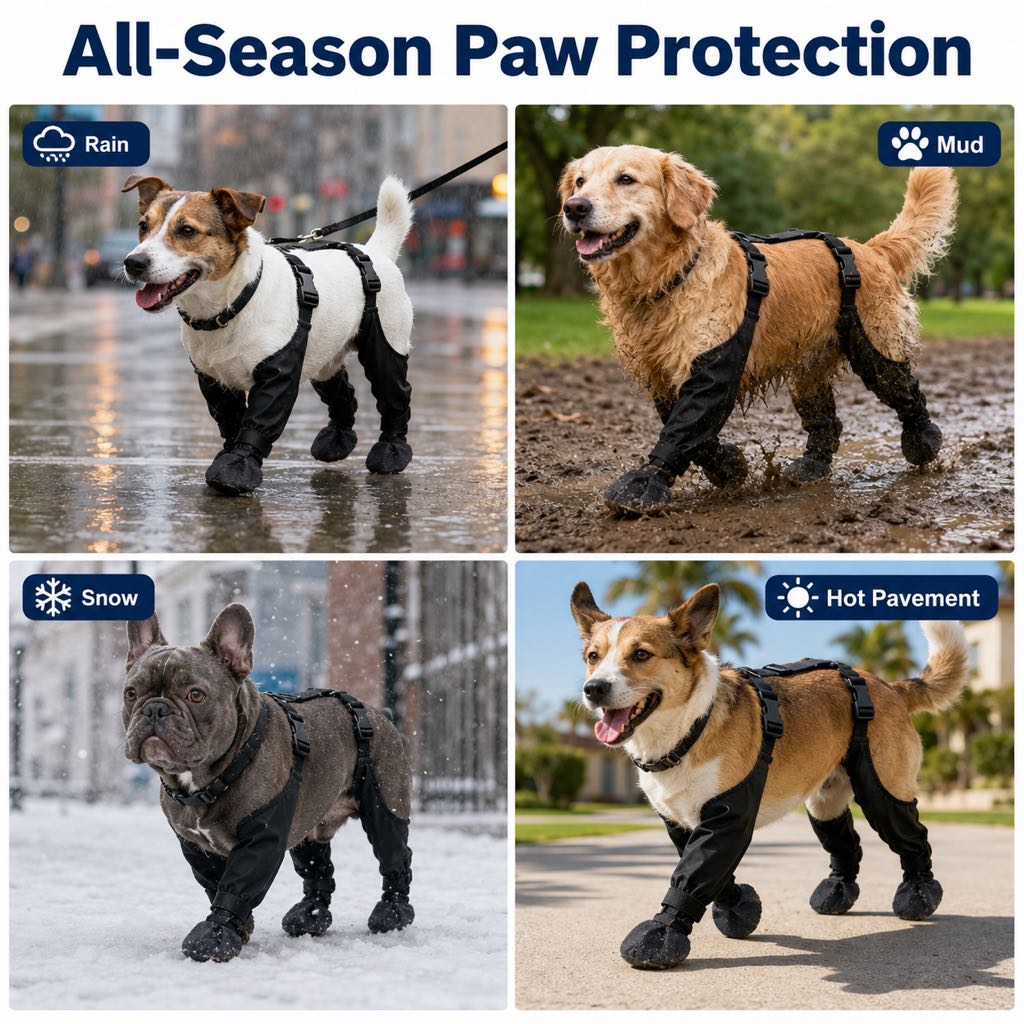 Stay-On Waterproof Dog Walking Boots for Rain, Mud & Hot Pavement - Anti-Slip Paw Protection Suit