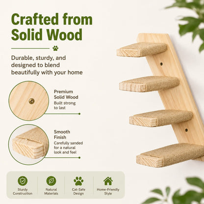 Wall-Mounted Solid Wood Cat Steps for Shelves & Perches - Space-Saving Jute Climbing Ladder