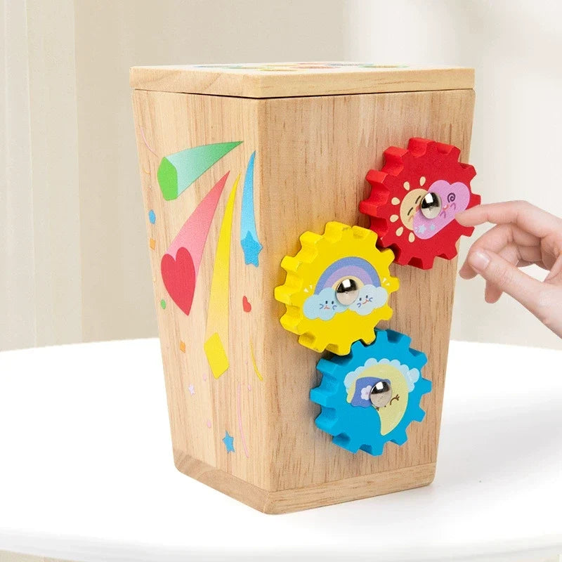 Five-in-one wooden colour sorting activity box with gears