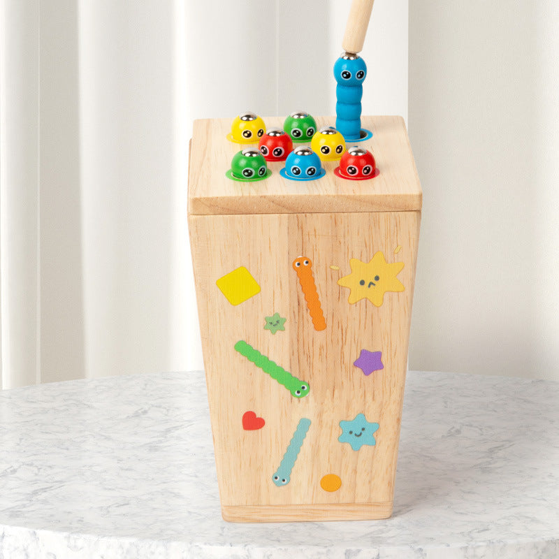 Wooden activity box with colourful character picking game