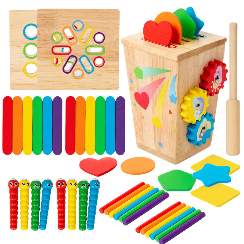 Five-in-one wooden activity box set with sorting pieces and accessories