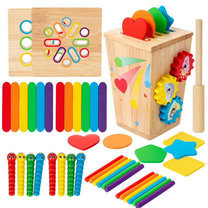 Five-in-one wooden activity box set with sorting pieces and accessories