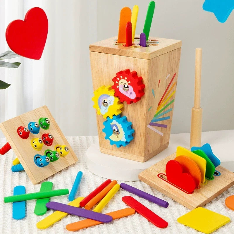 Wooden multifunction colour sorting box with gears and shape pieces